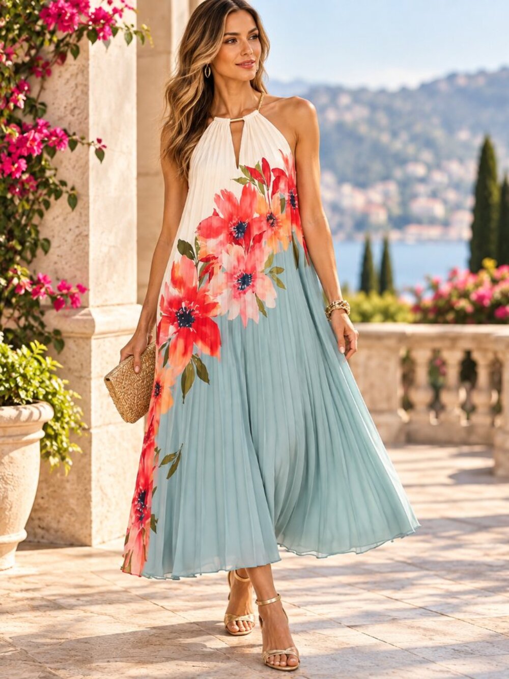 Adrianna Papell Blue Multi Floral Pleated Halter Midi Dress Size 12 NWT - Picture 2 of 6